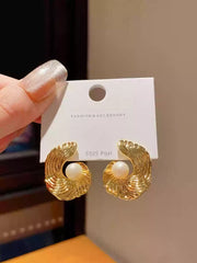 Refined Gold Tone Abstract Swirl Stud Earrings with Creamy White Faux Pearl