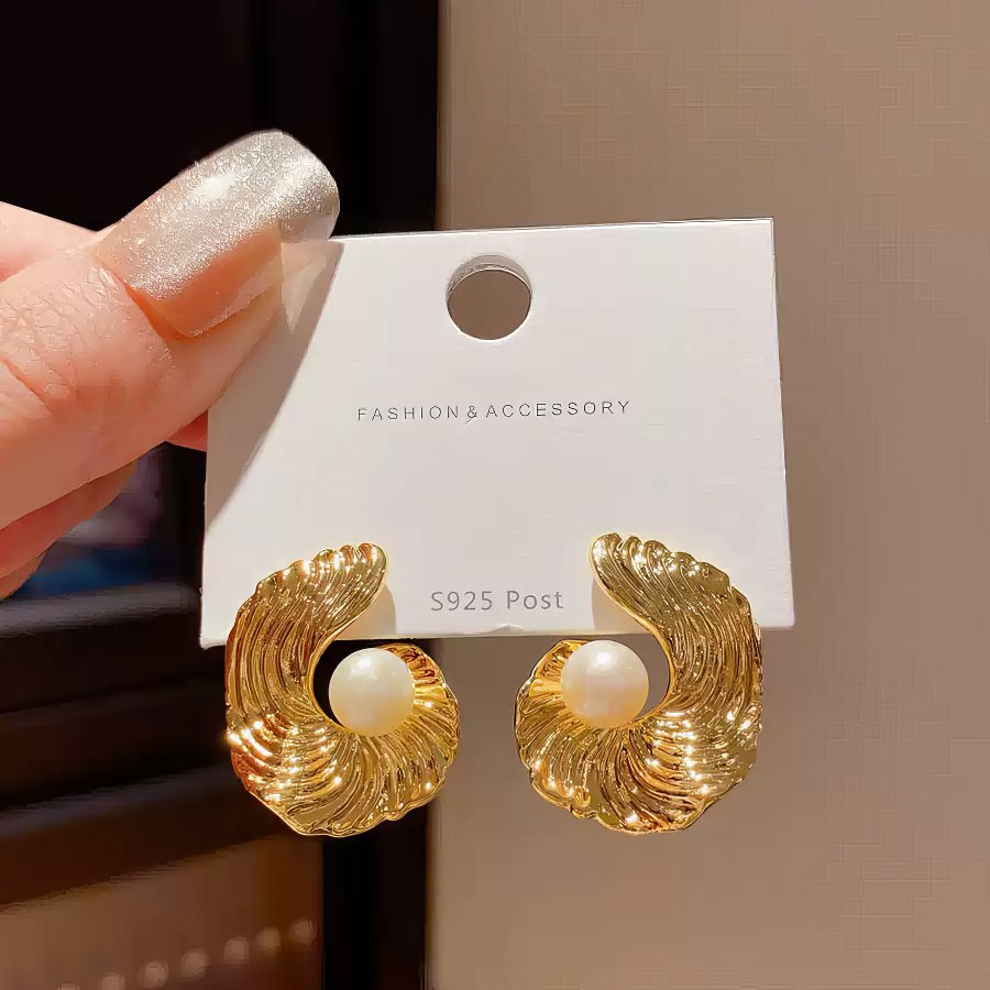 Refined Gold Tone Abstract Swirl Stud Earrings with Creamy White Faux Pearl