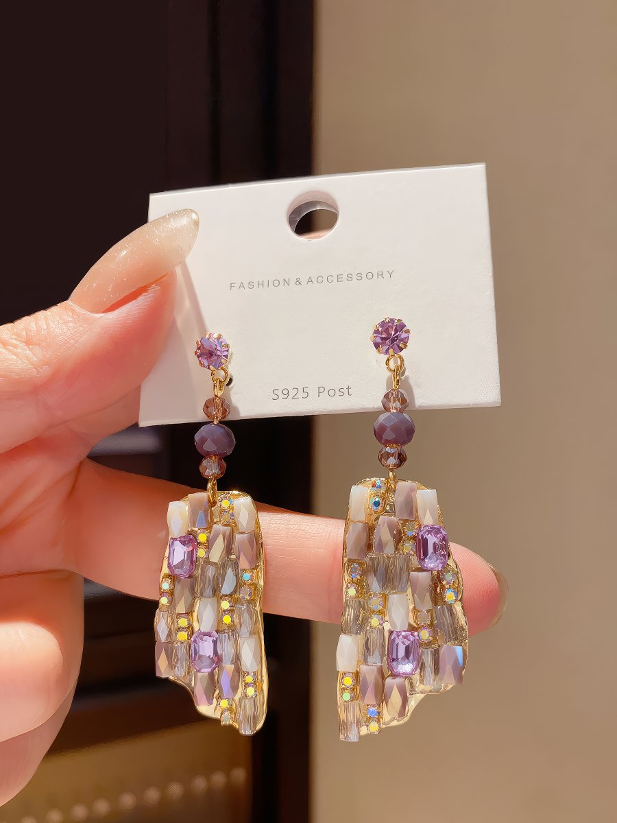Refined Gold Tone Drop Earrings with Purple and Champagne Crystals
