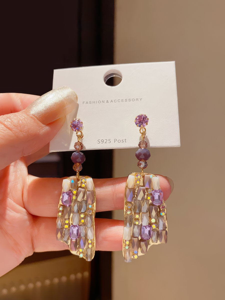Refined Gold Tone Drop Earrings with Purple and Champagne Crystals