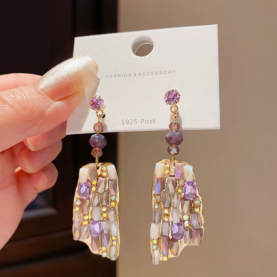 Refined Gold Tone Drop Earrings with Purple and Champagne Crystals