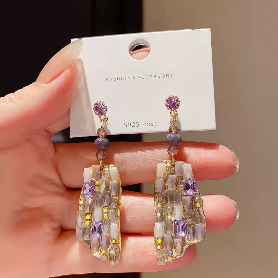 Refined Gold Tone Drop Earrings with Purple and Champagne Crystals
