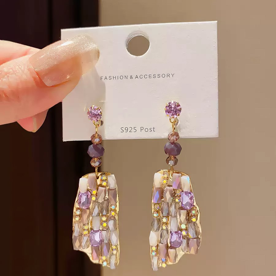 Refined Gold Tone Drop Earrings with Purple and Champagne Crystals
