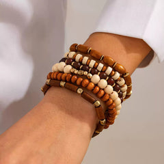 Six Piece Multi-Tone Wood Bead Stretch Bracelet Set