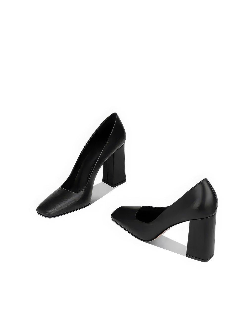 Sleek Leather Square-Toe Block Heel Pumps