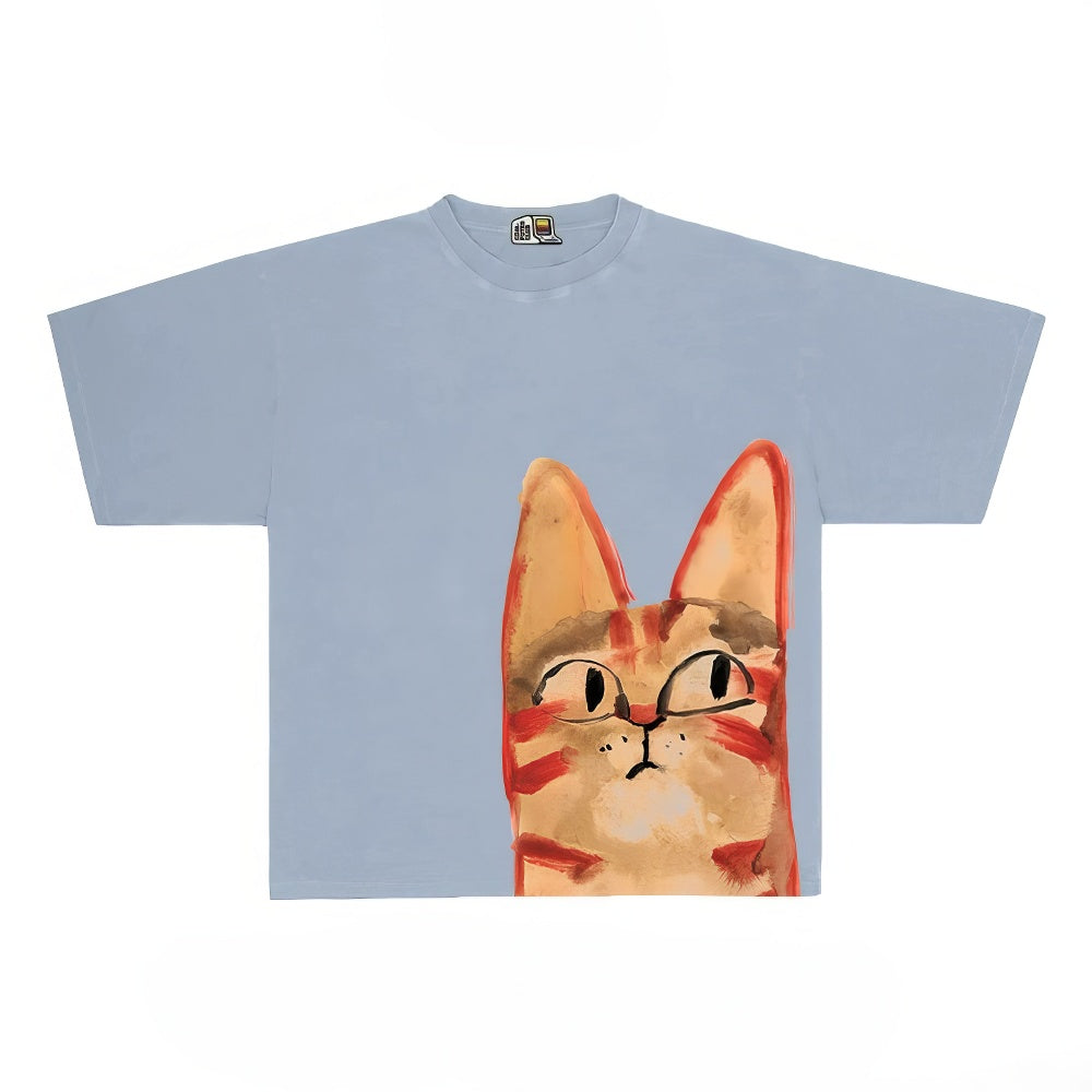 Slightly Grumpy Cat Graphic Tee with Peeking Design