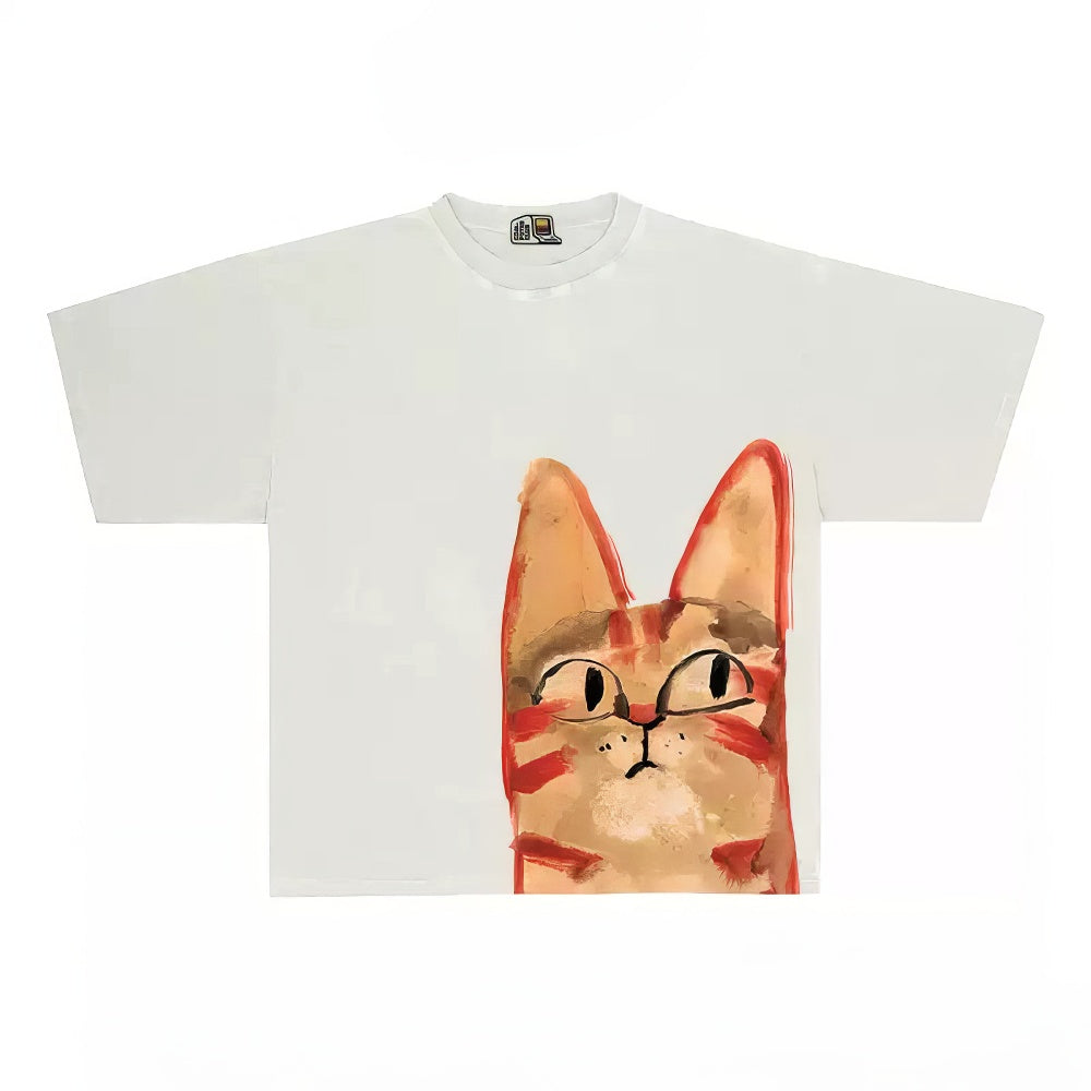 Slightly Grumpy Cat Graphic Tee with Peeking Design