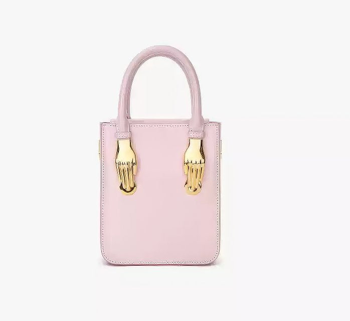 Small Pale Pink Tote Bag with Unique Gold Tone Hand Sculptures
