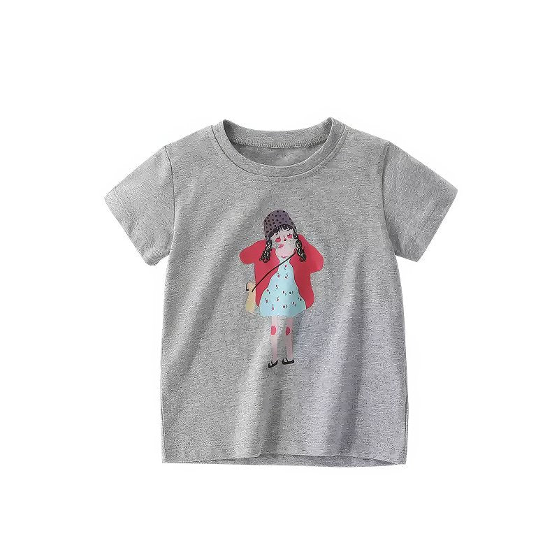 Soft Grey Short Sleeve T-Shirt for Girls with Cute Cartoon Girl Illustration