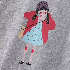Soft Grey Short Sleeve T-Shirt for Girls with Cute Cartoon Girl Illustration
