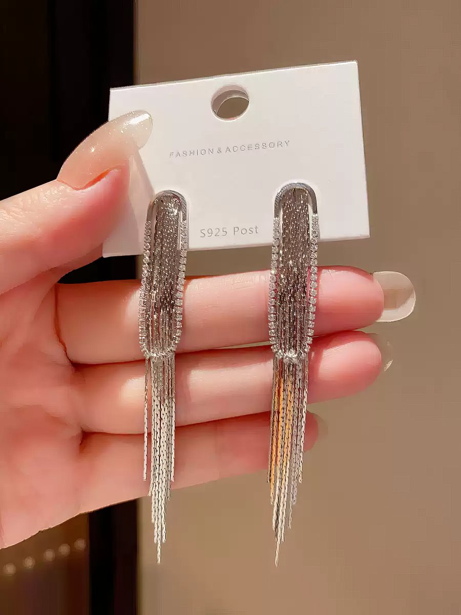 Sophisticated Gold Tone Rectangular Drop Earrings with Long Tassels