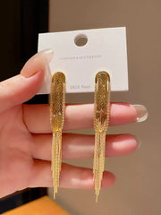 Sophisticated Gold Tone Rectangular Drop Earrings with Long Tassels