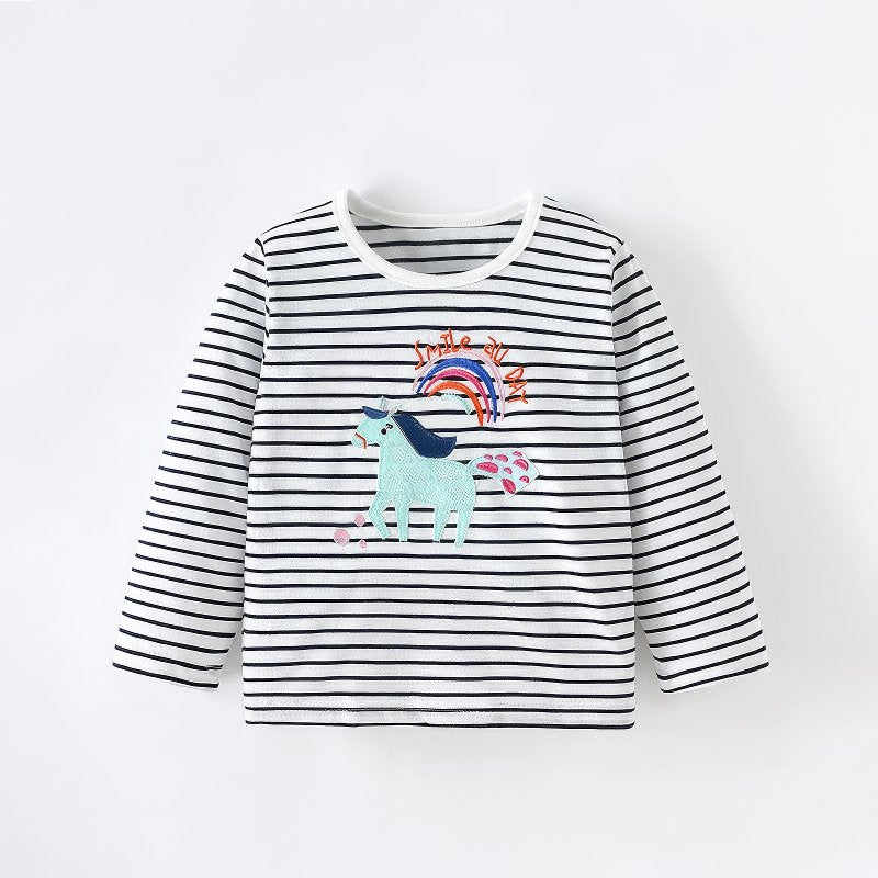Striped Long-Sleeve T-Shirt with Unicorn and Rainbow Applique