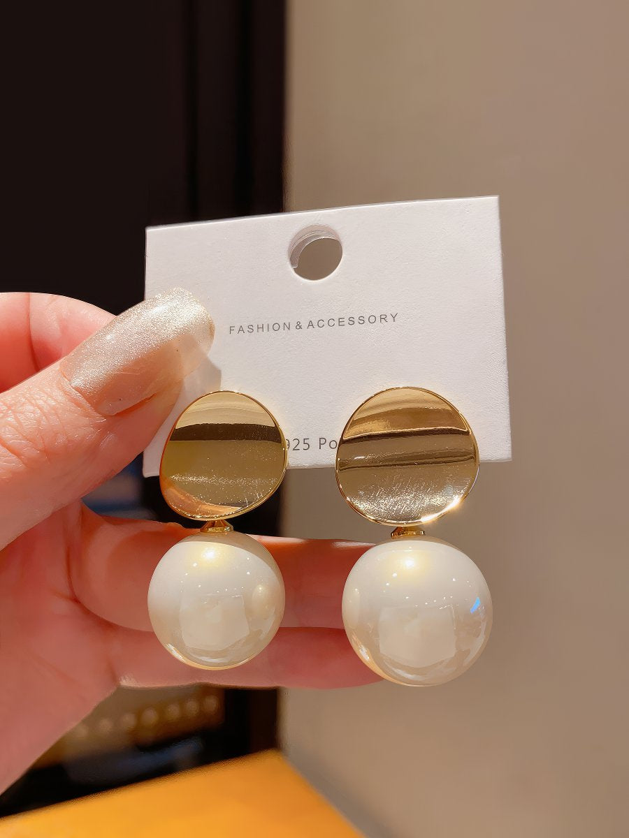 Stylish Gold Tone Disc Top Earrings with Iridescent Cream Faux Pearl Spheres
