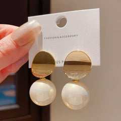 Stylish Gold Tone Disc Top Earrings with Iridescent Cream Faux Pearl Spheres