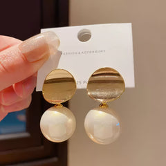 Stylish Gold Tone Disc Top Earrings with Iridescent Cream Faux Pearl Spheres