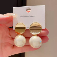 Stylish Gold Tone Disc Top Earrings with Iridescent Cream Faux Pearl Spheres