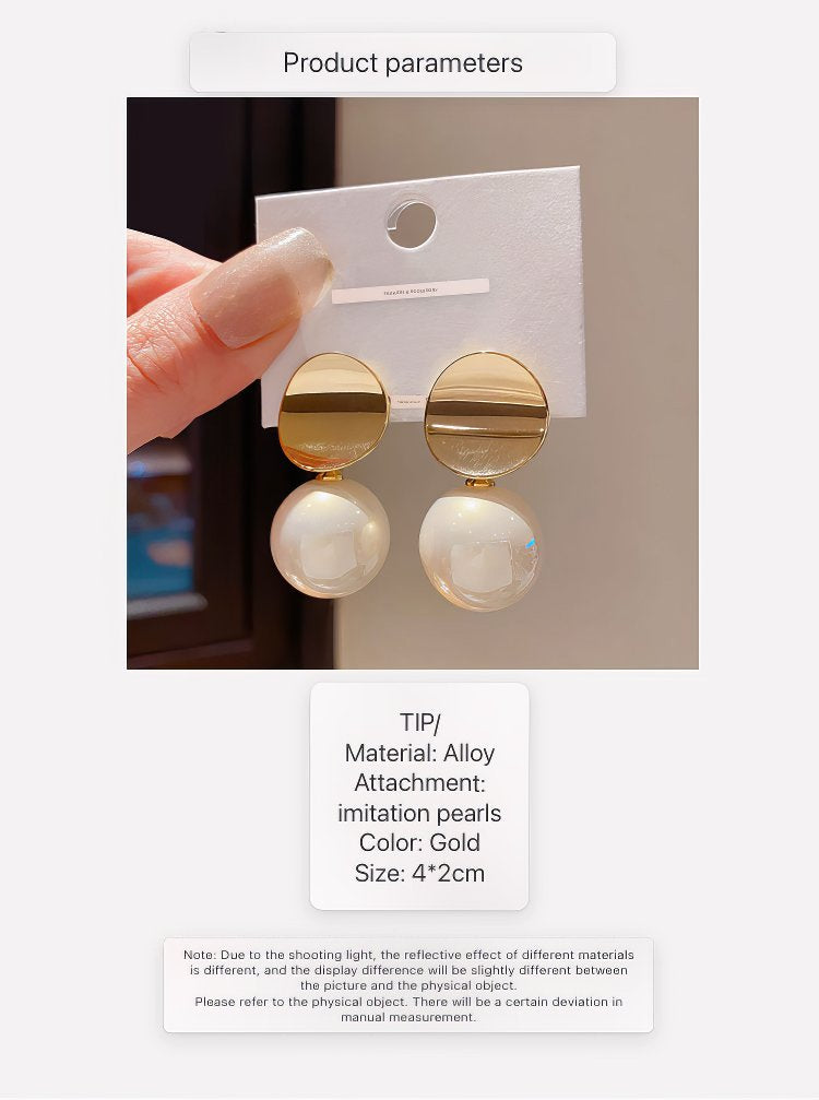 Stylish Gold Tone Disc Top Earrings with Iridescent Cream Faux Pearl Spheres