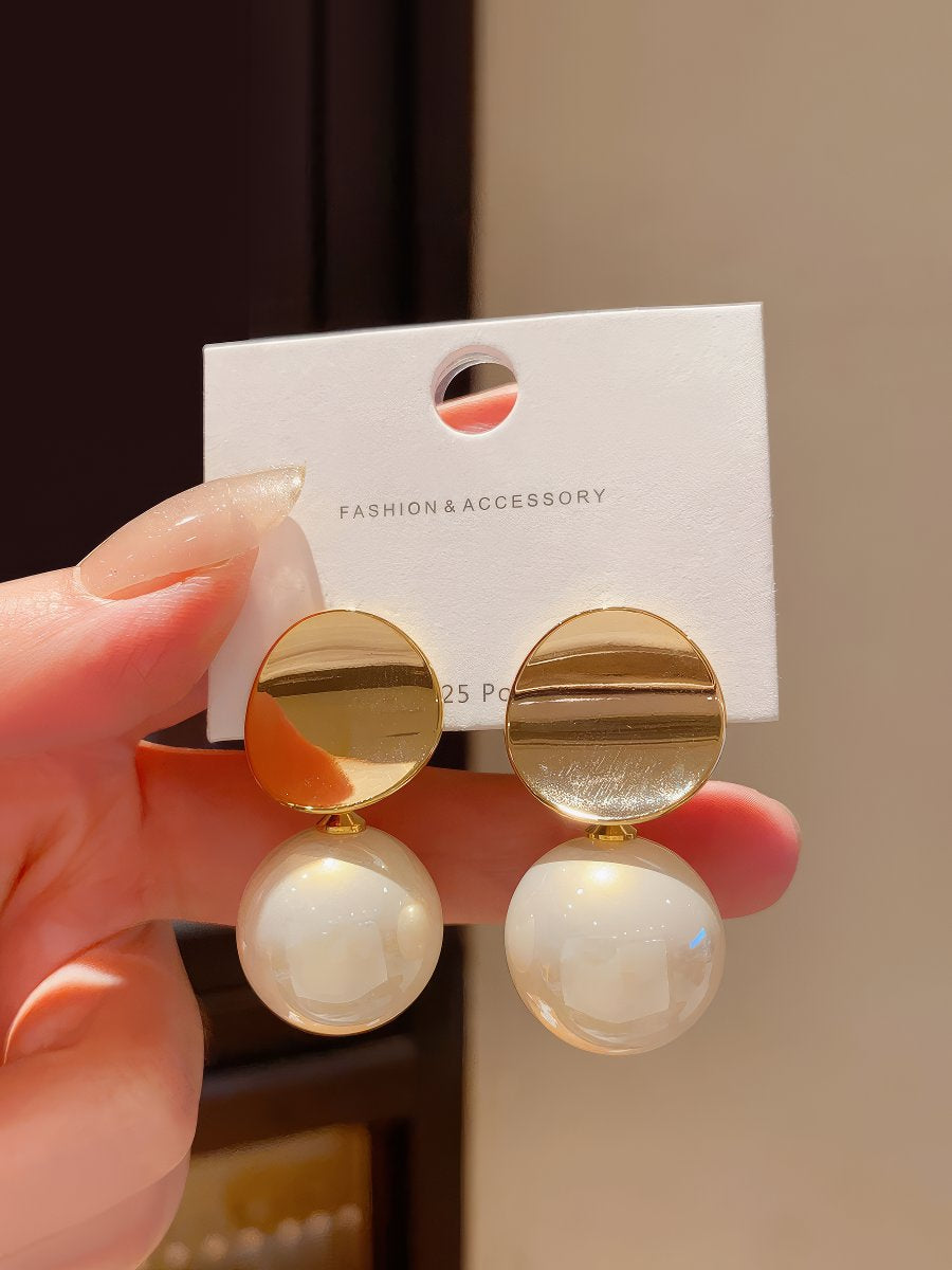Stylish Gold Tone Disc Top Earrings with Iridescent Cream Faux Pearl Spheres