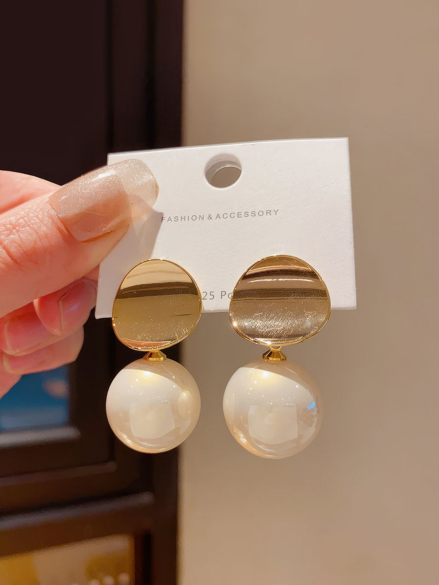Stylish Gold Tone Disc Top Earrings with Iridescent Cream Faux Pearl Spheres