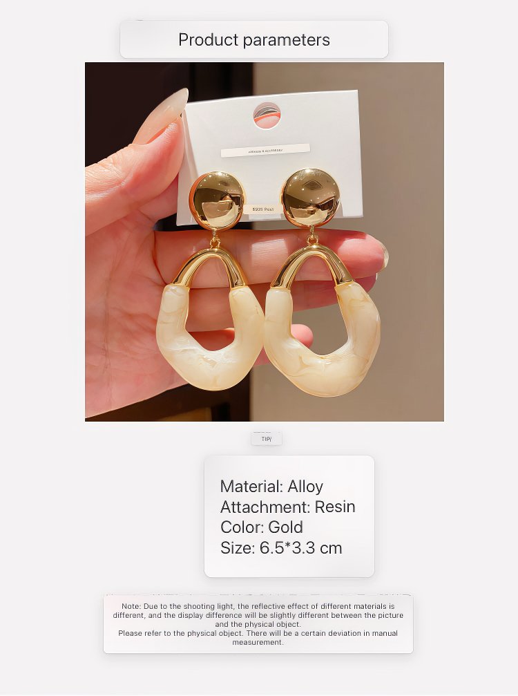 Stylish Gold Tone Drop Earrings with Round Top and Irregular Creamy White Geometric Inset
