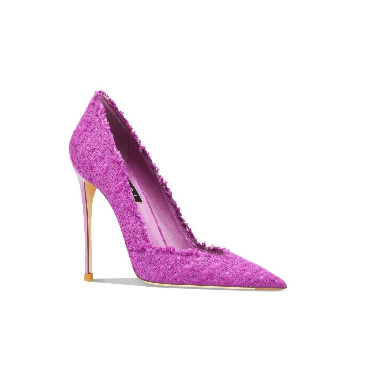 Tacones altos con borde deshilachado y punta de tweed