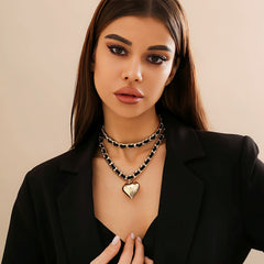 Two-Layer Leather Woven Chain Necklace Set with Heart Pendant