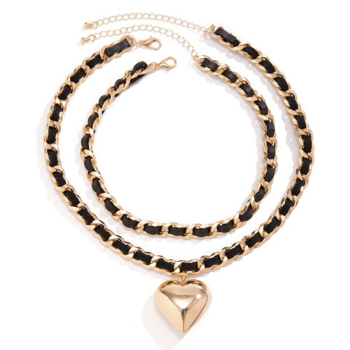 Two-Layer Leather Woven Chain Necklace Set with Heart Pendant