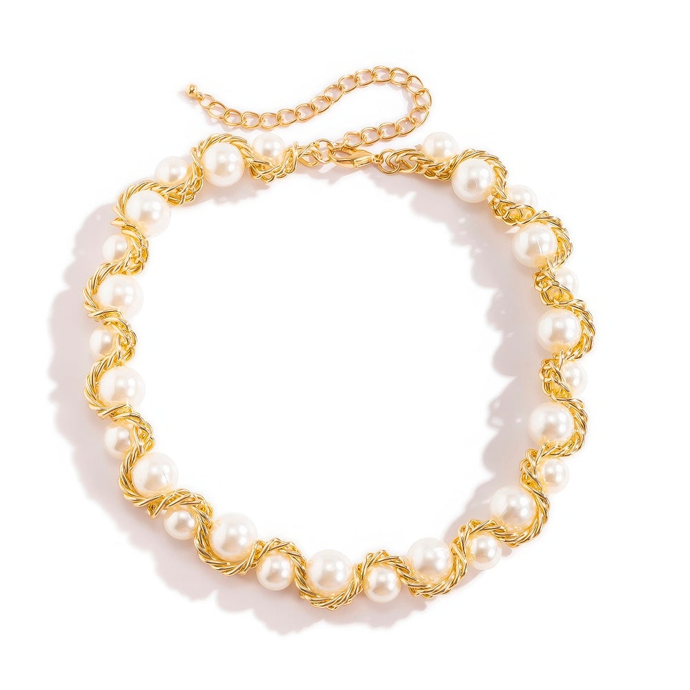 Wire-Wrapped Faux Pearl Chain Necklace