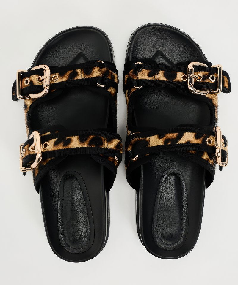 Women's Leopard Print Leather Flat Sandals with Buckle Detail