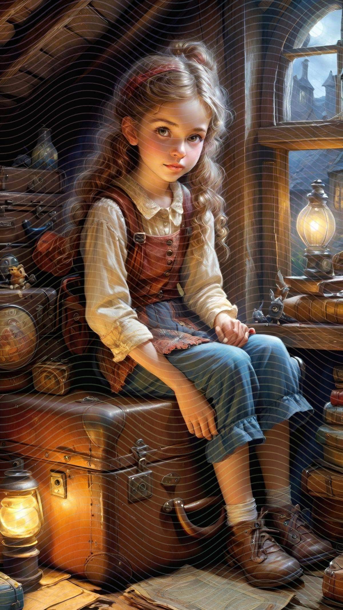 A Girl on an Old Suitcase in an Attic