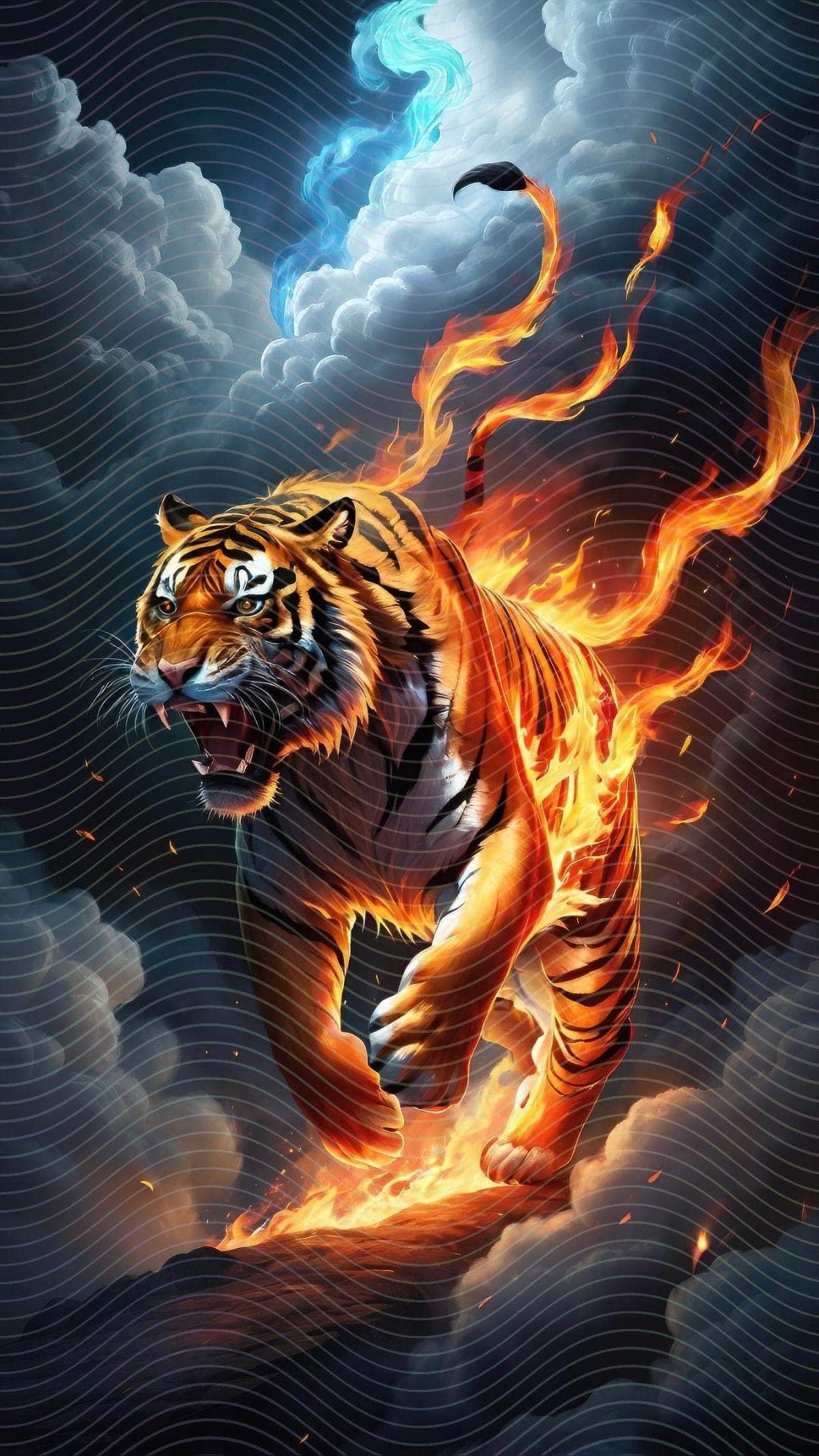A Tiger Running Through A Cloud Of Fire