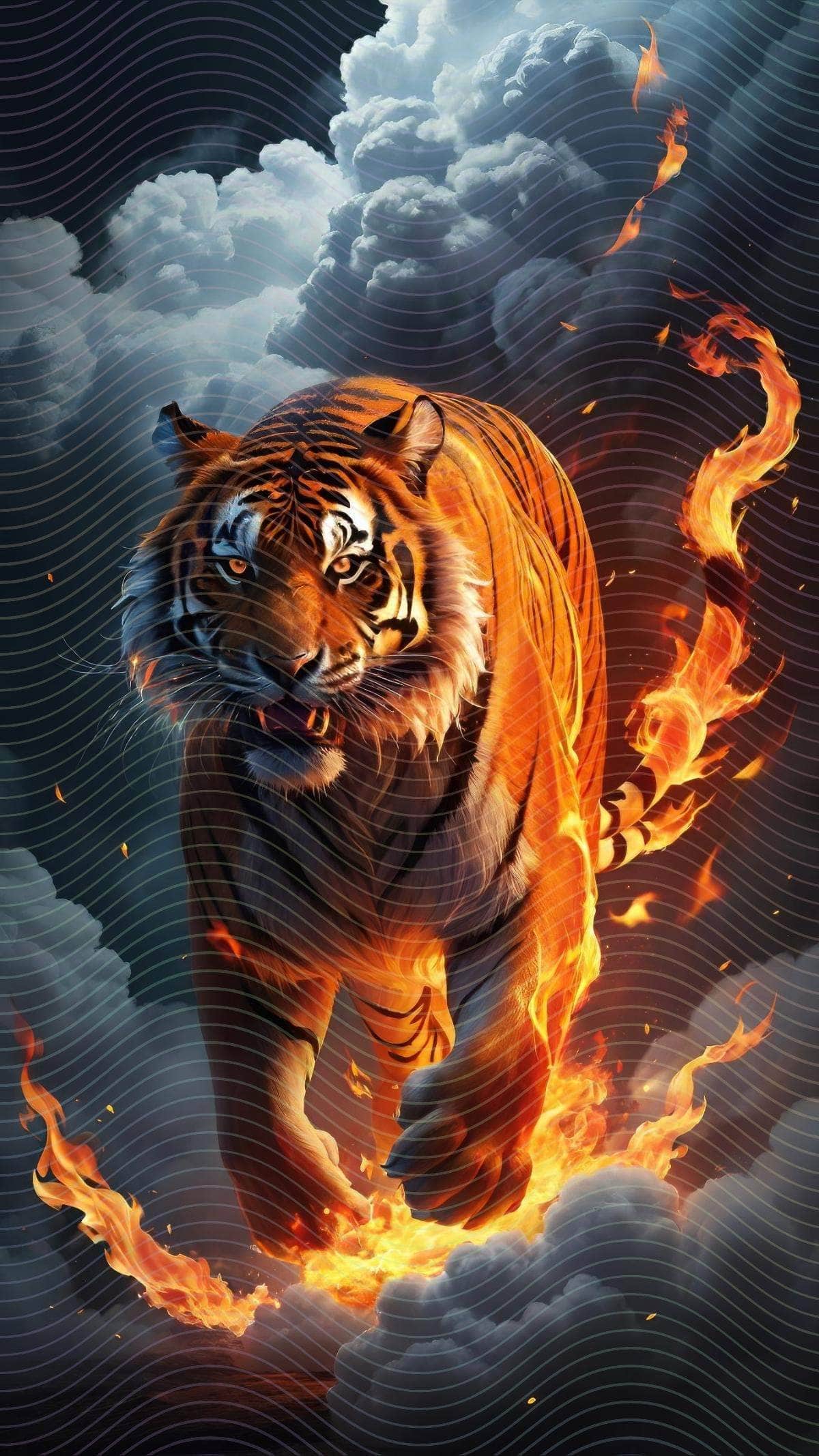 A Tiger Running Through A Cloud Of Fire