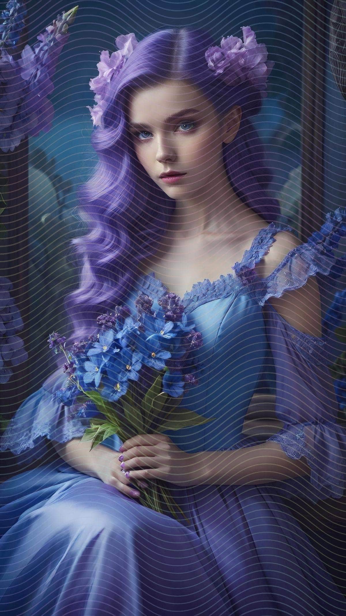 A Woman in Blue Dress Holding Flowers