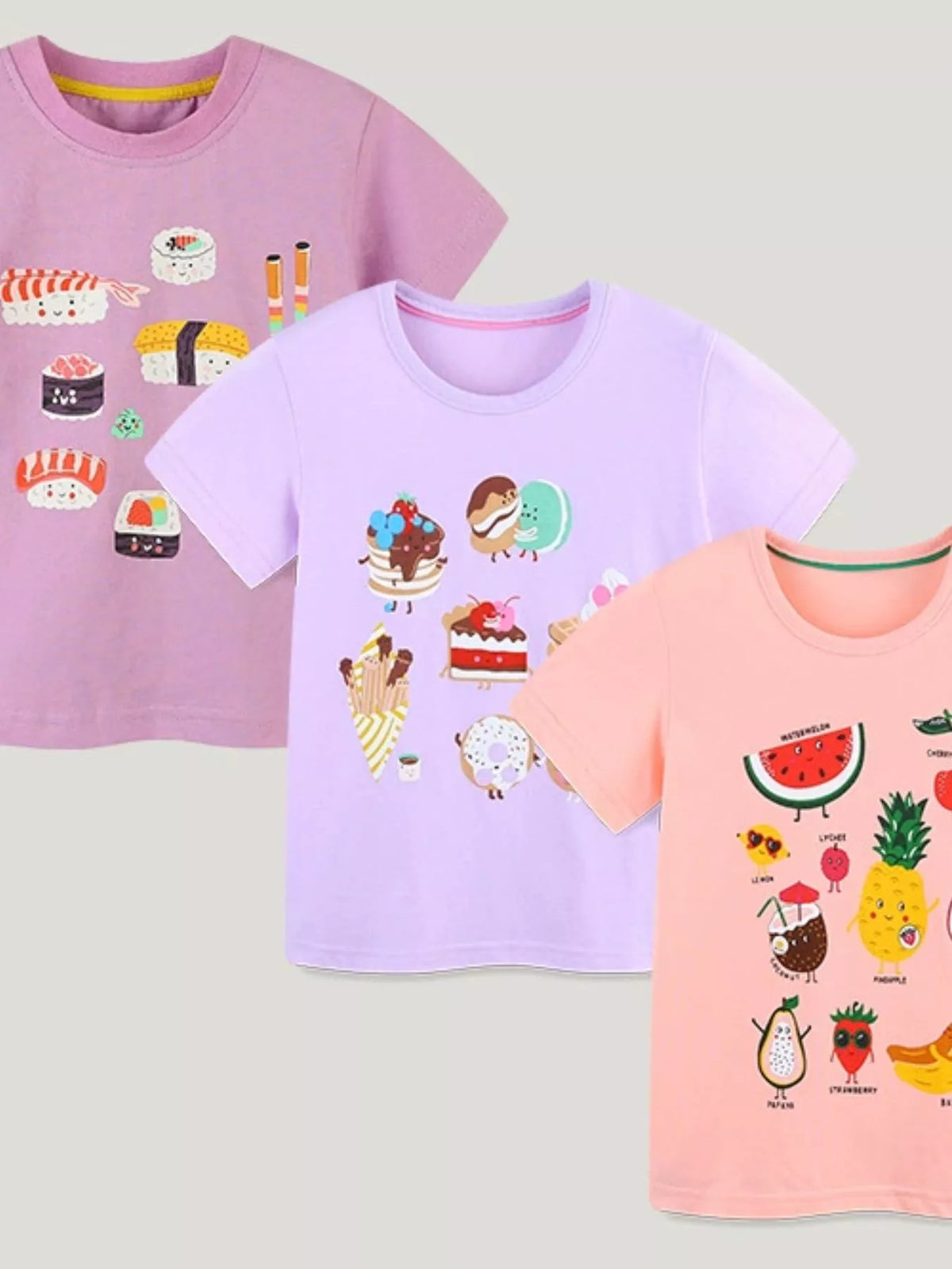 Children's multicolor short-sleeve T-shirt featuring a cartoon fruit print.