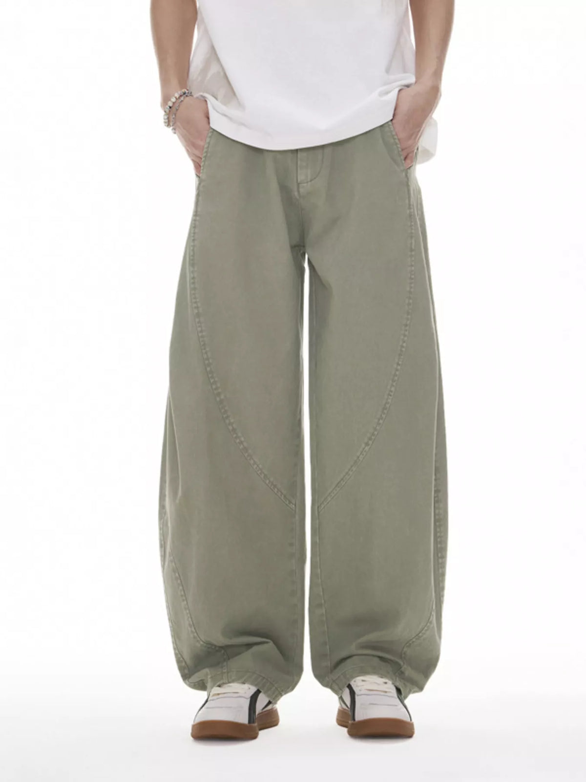 Men's gray green casual pants with wide legs and pockets.