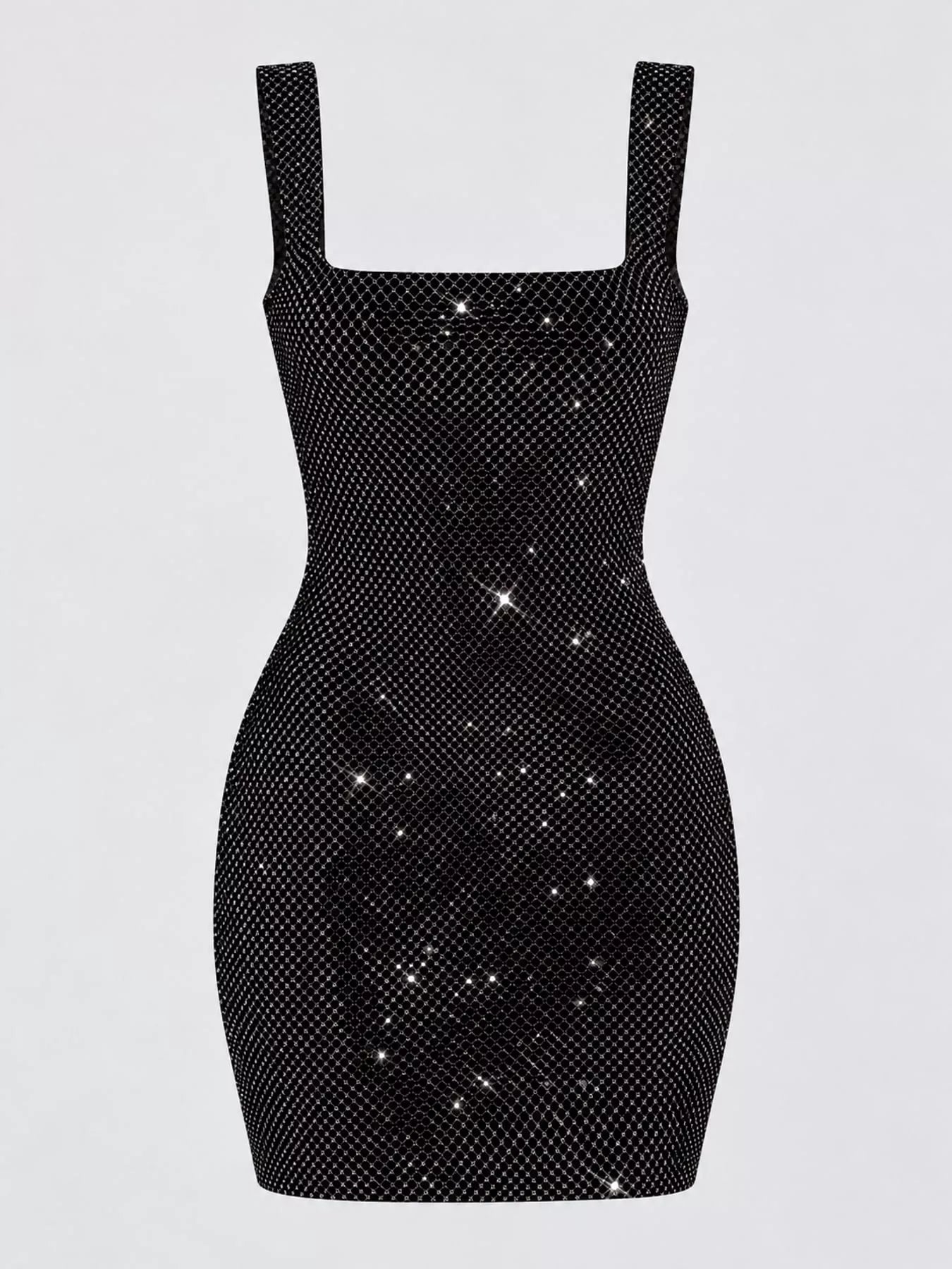 Black rhinestone mesh bodycon mini dress, flat front product view