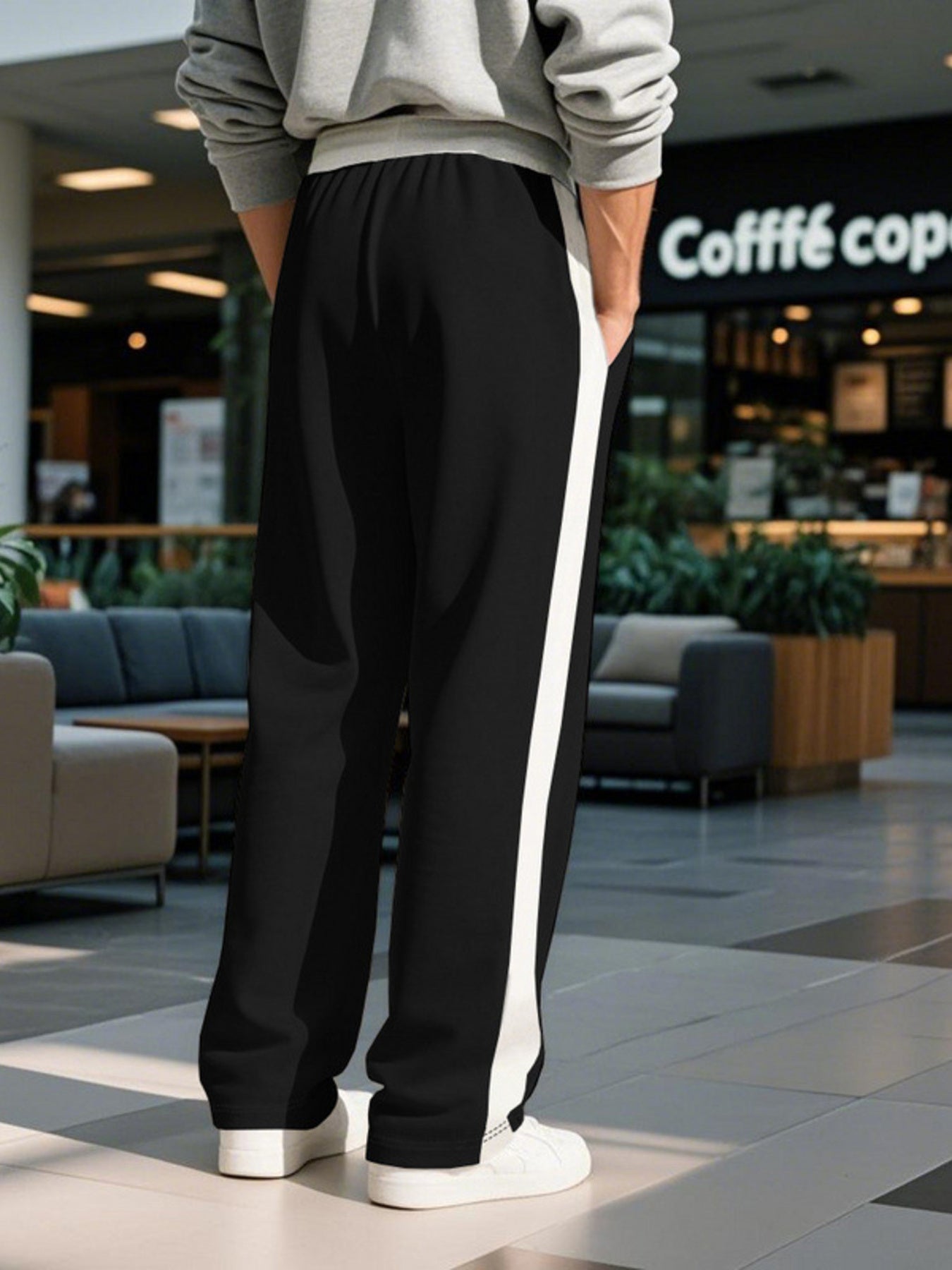 Men's contrast stripe sweatpants with a drawstring waist and pockets.