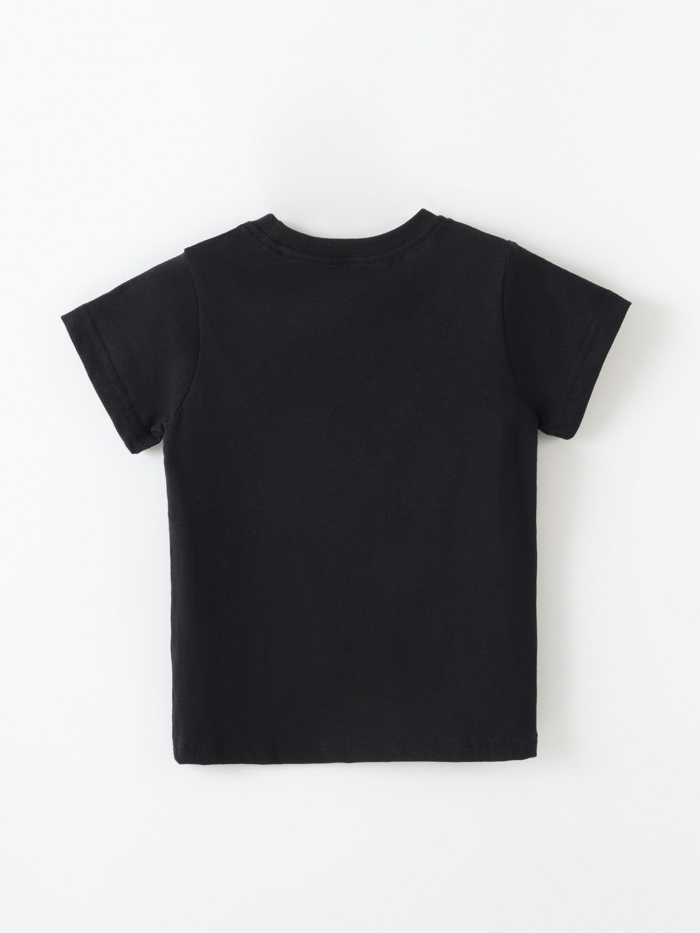 Flat lay back view of the plain children's black short sleeve t-shirt