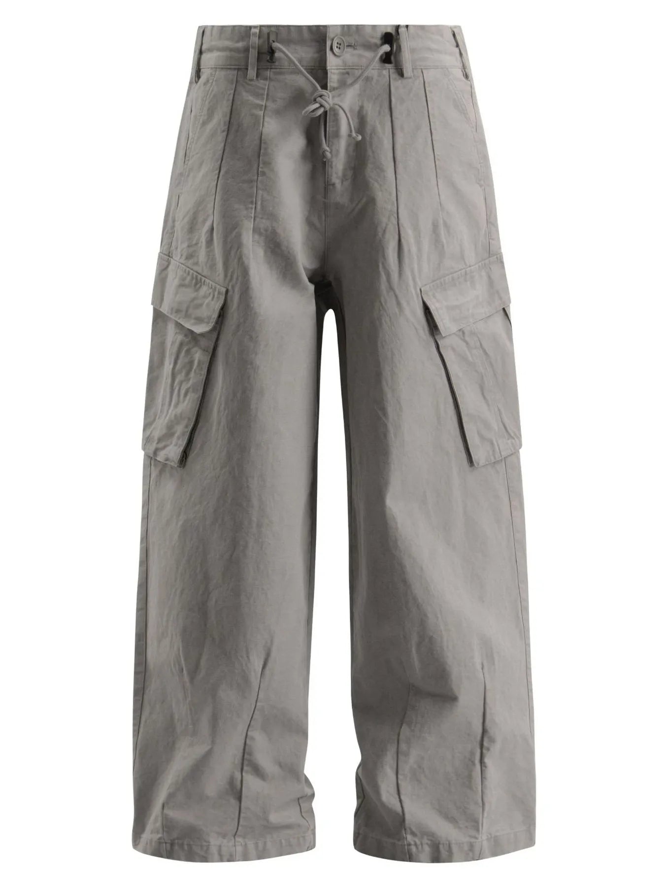 Men's light gray wide-leg cargo pants with a drawstring waist and pockets.