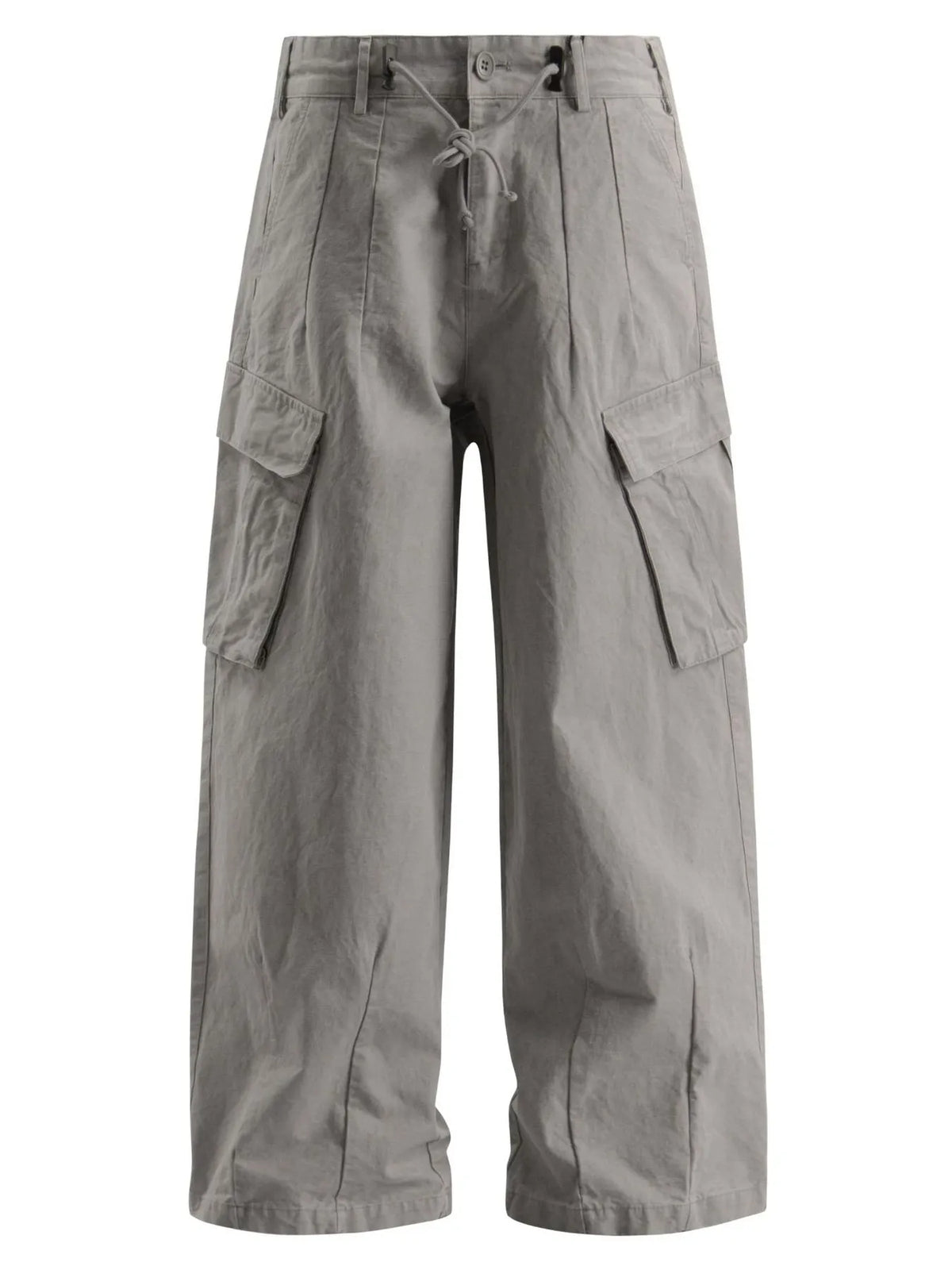 Men's light gray wide-leg cargo pants with a drawstring waist and pockets.