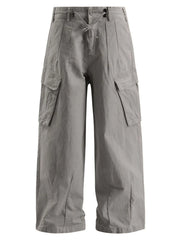 Men's light gray wide-leg cargo pants with a drawstring waist and pockets.