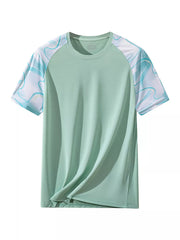 Men's lightweight color-block T-shirt made from a slightly stretchy cotton-spandex blend.