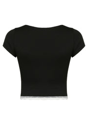 Lace Detail Sweetheart Neck Short Sleeve T-Shirt