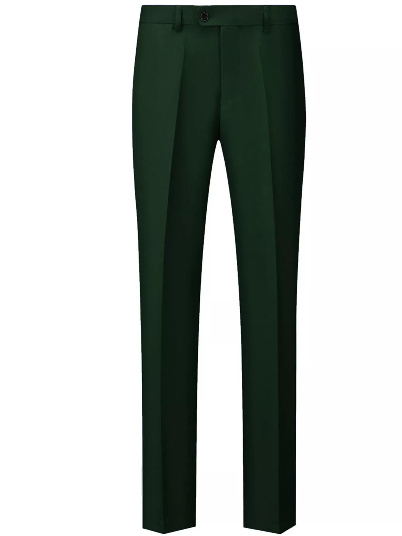Men's army green dress pants with a slim fit and button closure.