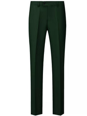 Men's army green dress pants with a slim fit and button closure.