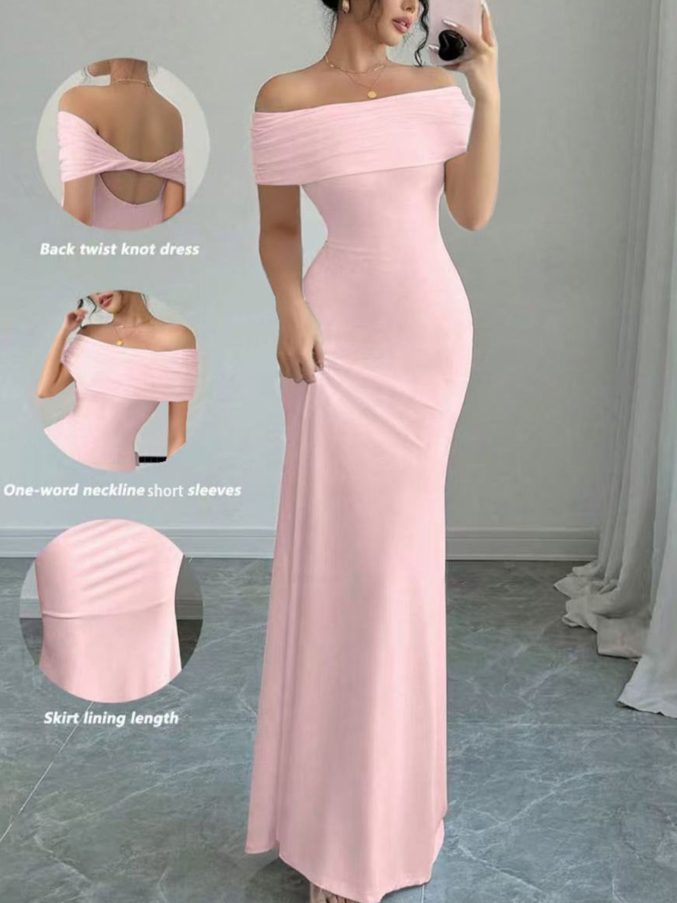 Model in full length mirror selfie wearing pink off shoulder bodycon maxi dress with back detail insets