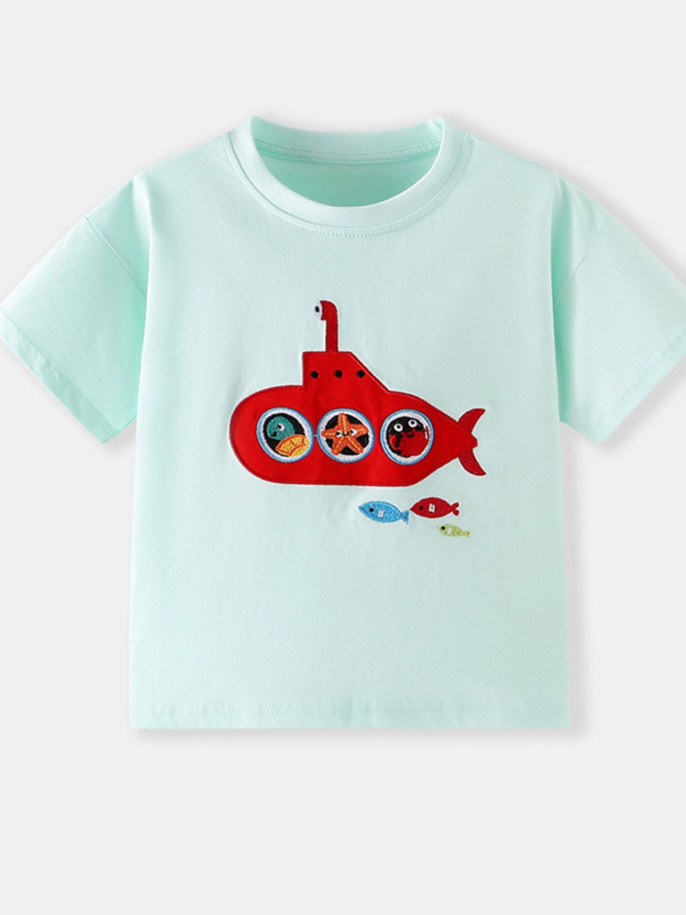 Flat front view of a mint children's round neck tee with a red embroidered submarine and small fish