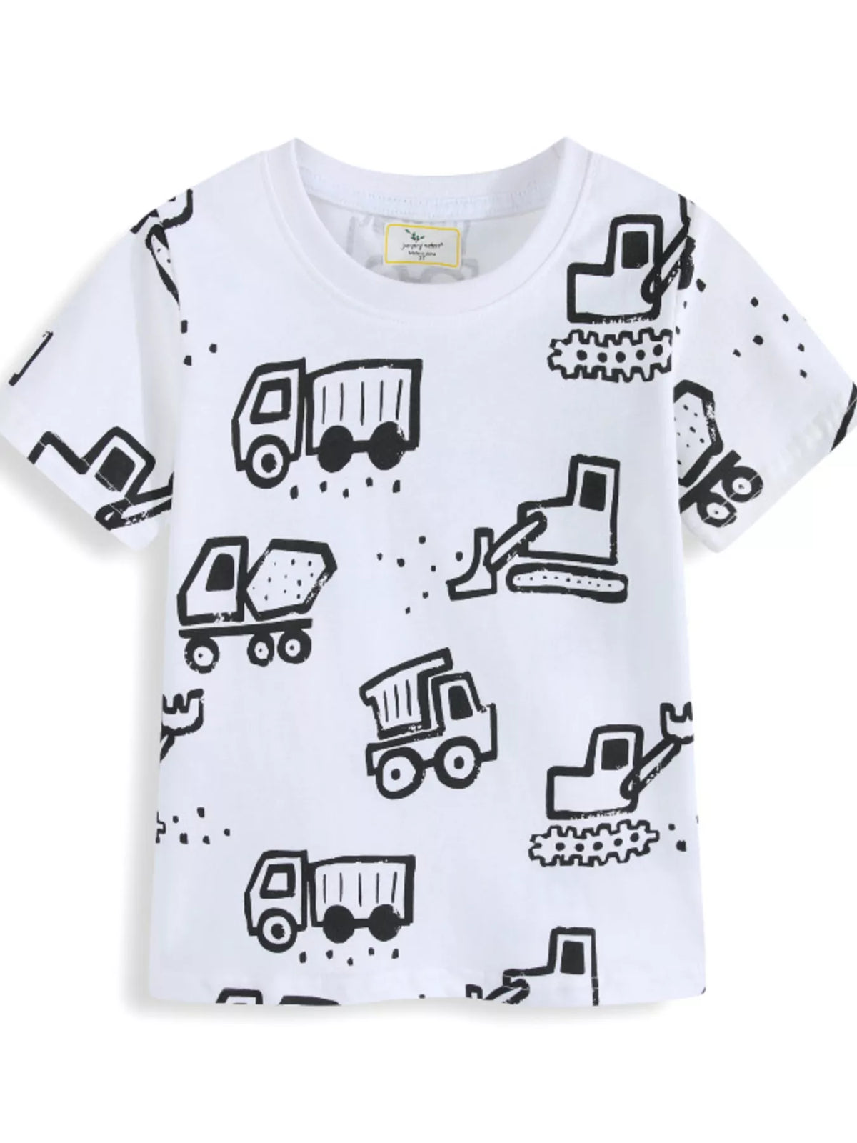 Front view of a white children's t-shirt with black outline construction trucks and excavators