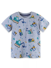 Flat front view of gray children's tee covered in small excavator and construction vehicle prints